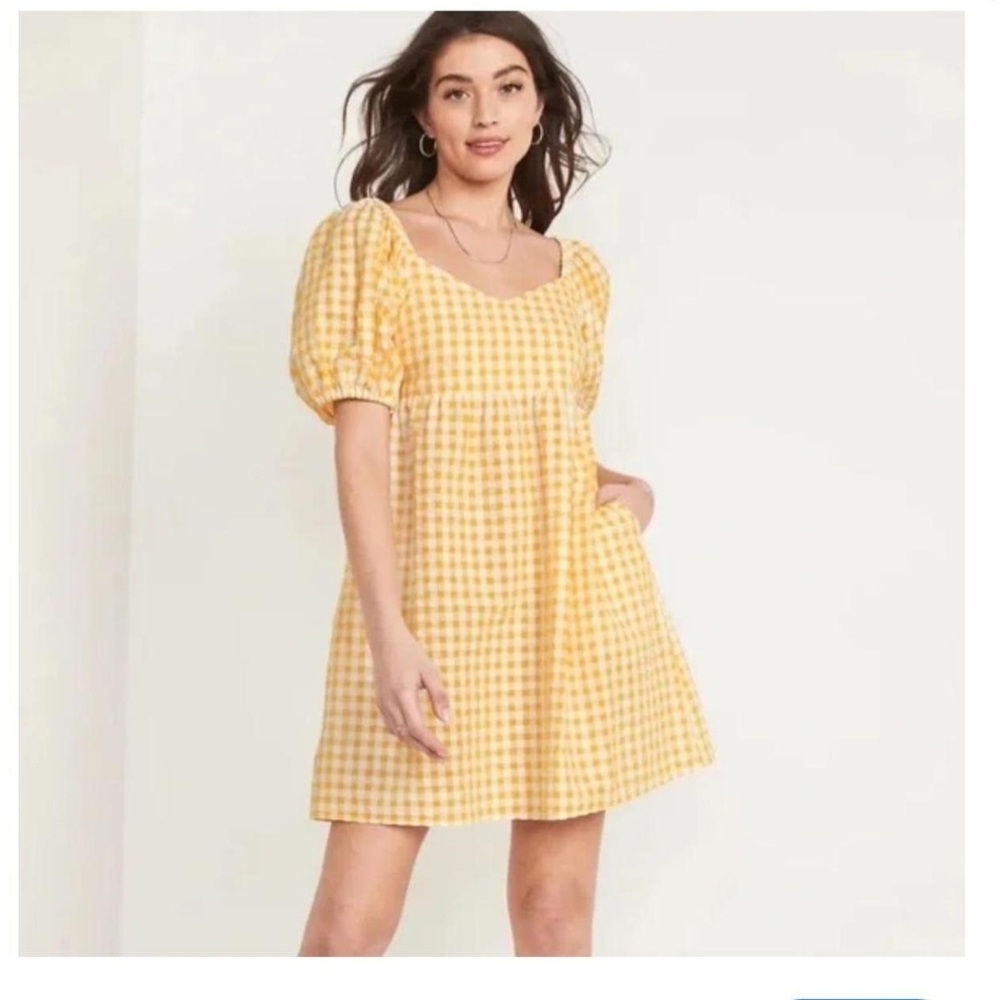 Yellow Gingham Puff Sleeve Dress